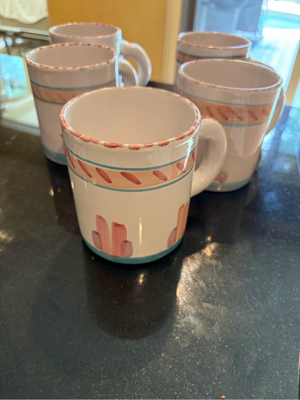 Handcrafted Ceramic 5 Mugs in White with Pink and Teal Accents